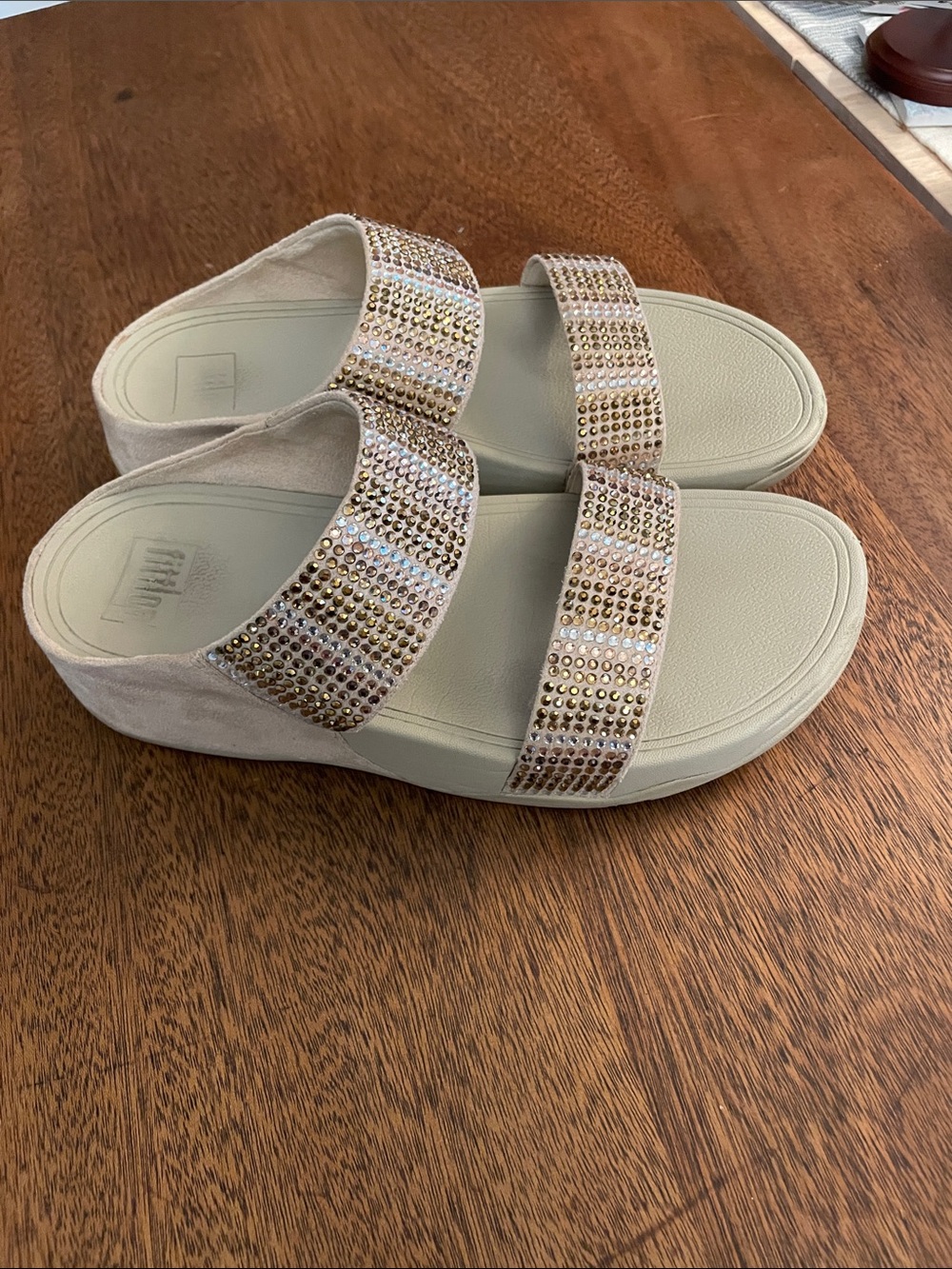 Fitflop Nude Crystal Double-Strap Slide Sandals Glamorous touch.